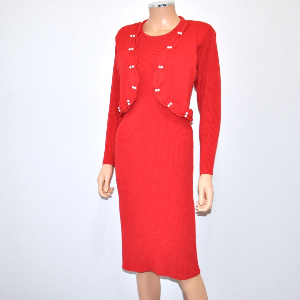 VTG 80'S Red Ribbed Sweater Dress - Sz S